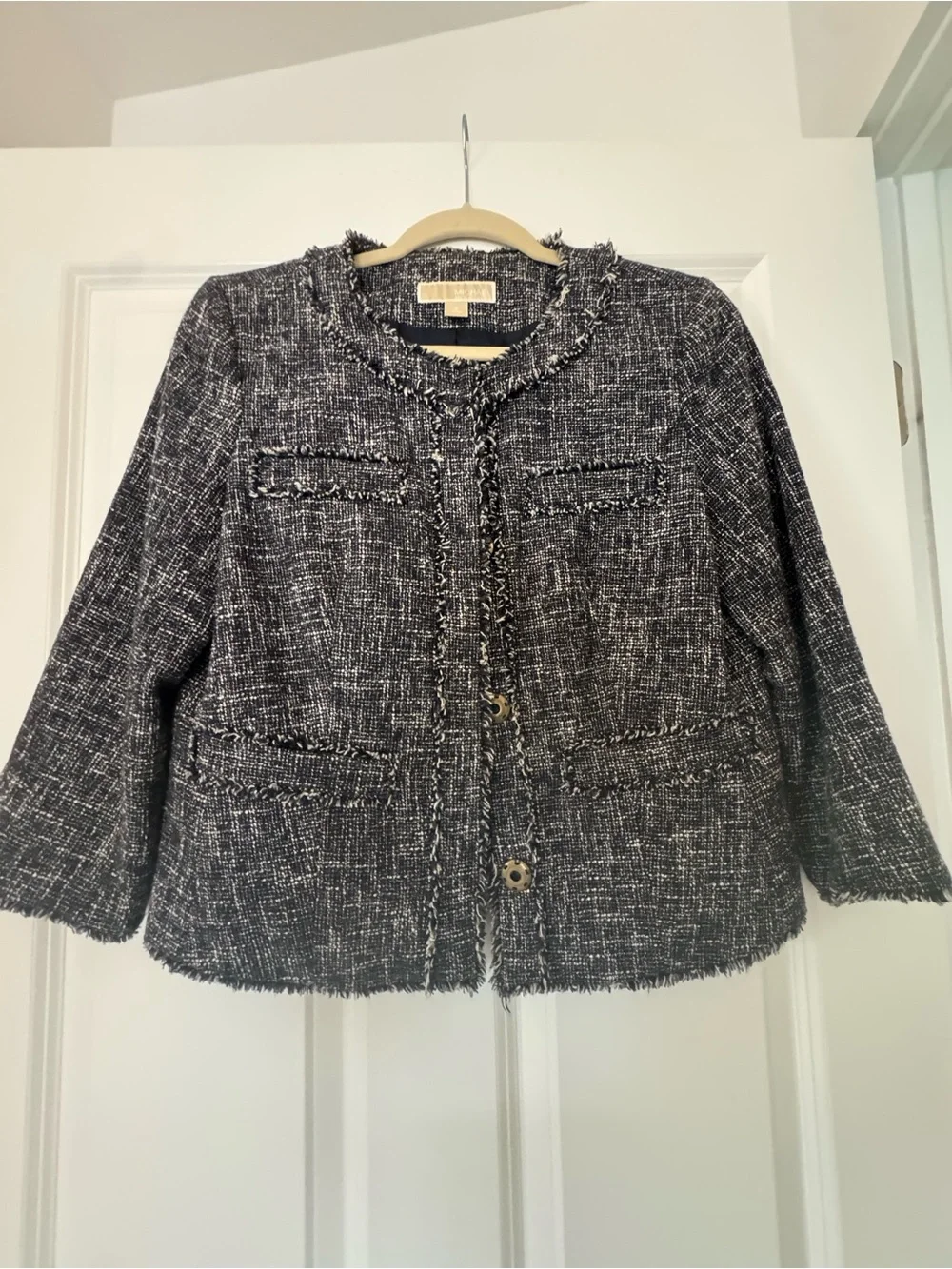 Michael Kors Navy  and White Tweed Frayed-Trim Jacket